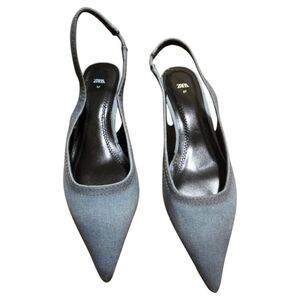 Zara Denim Blue Slingback Kitten  Heels Sz 37